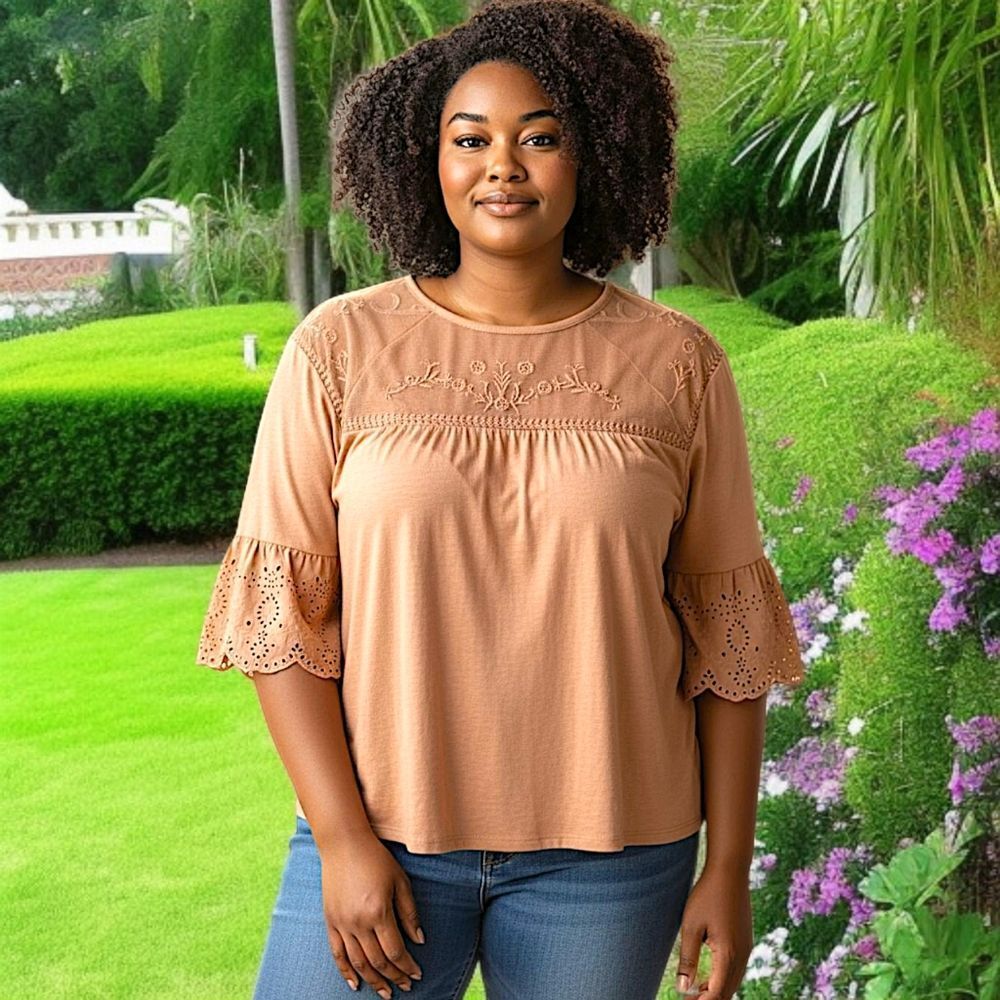 Sonoma Mesh Embroidered Top 3X Eyelet Camel Color Jersey Knit Boho Chic Western.